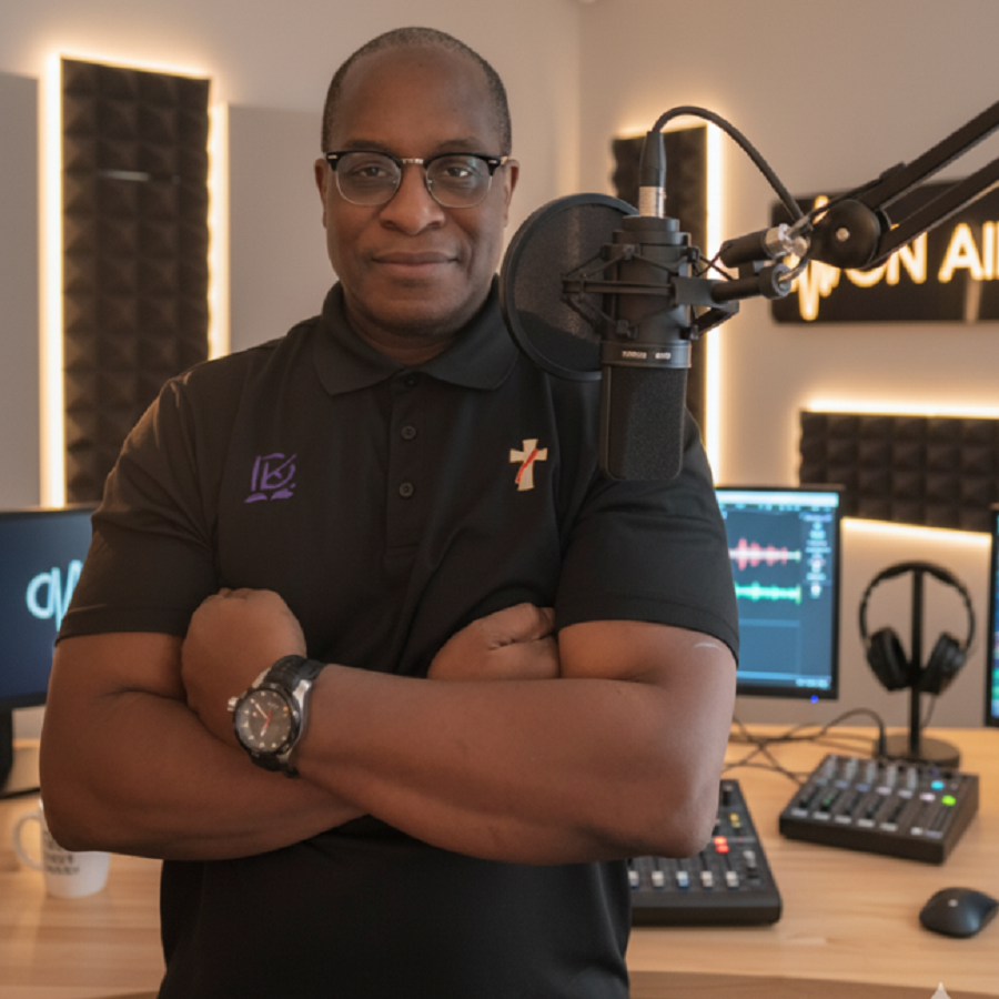 Deacon Ken in The Divine Life studio with microphone