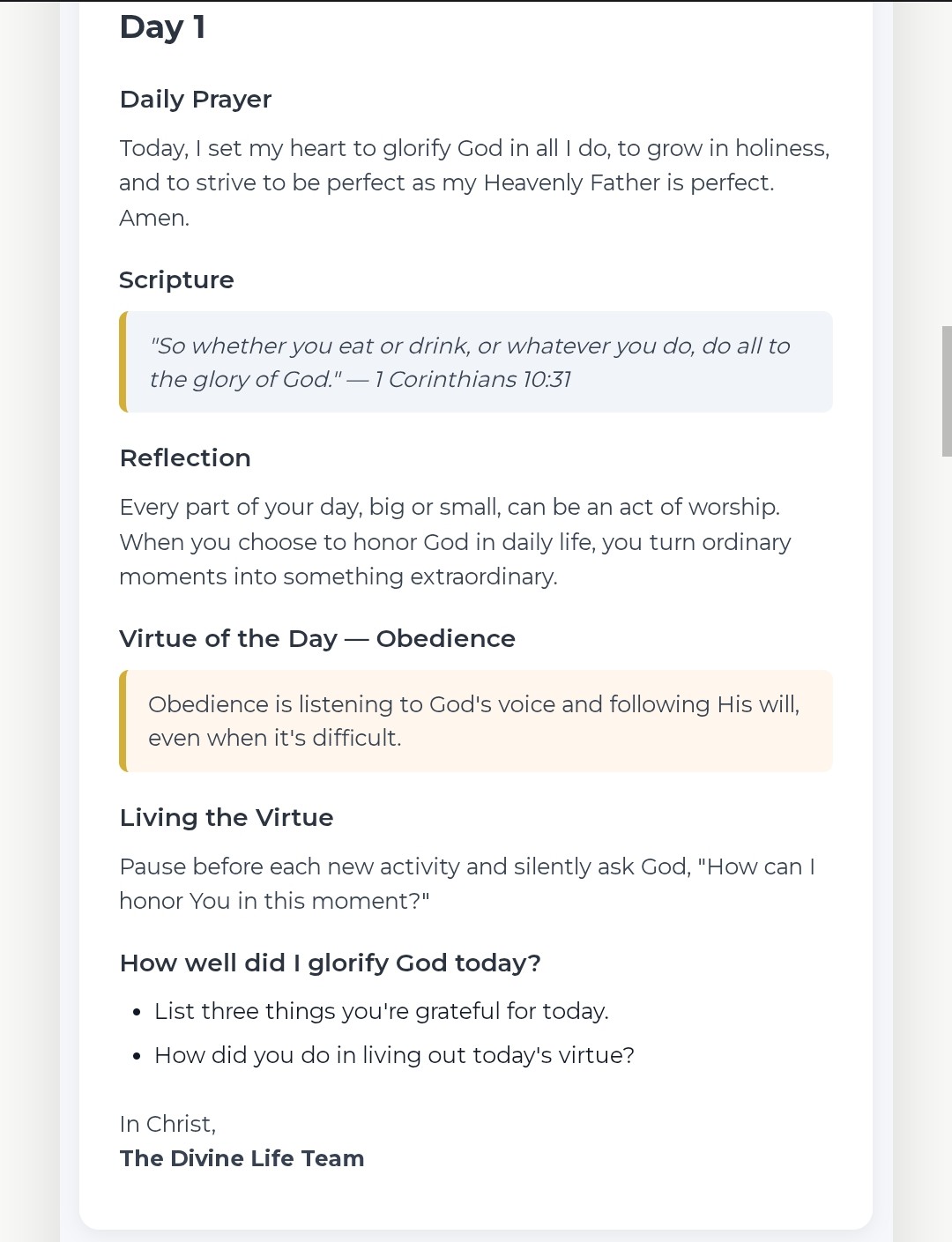 Preview of a Divine Pursuit sample day email